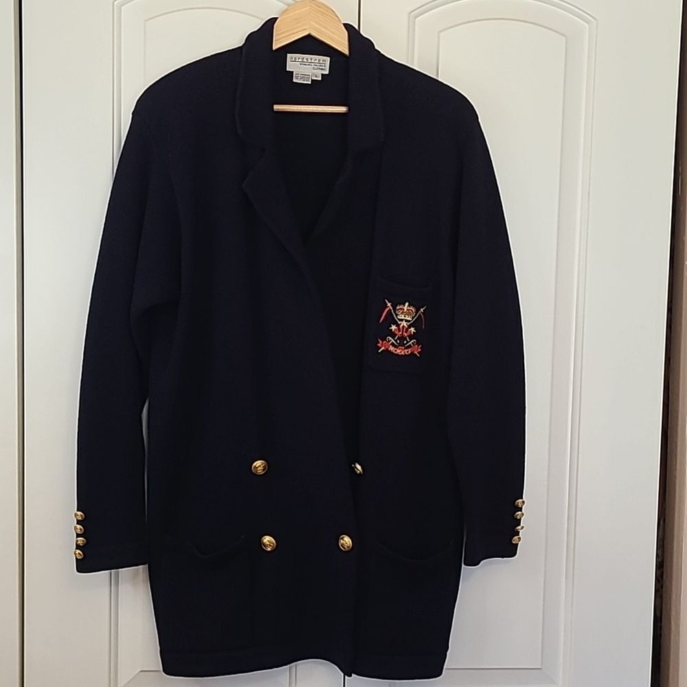 Nordstrom Tailored Wool Knit Crested Cardigan Sweater Navy Blue Size L